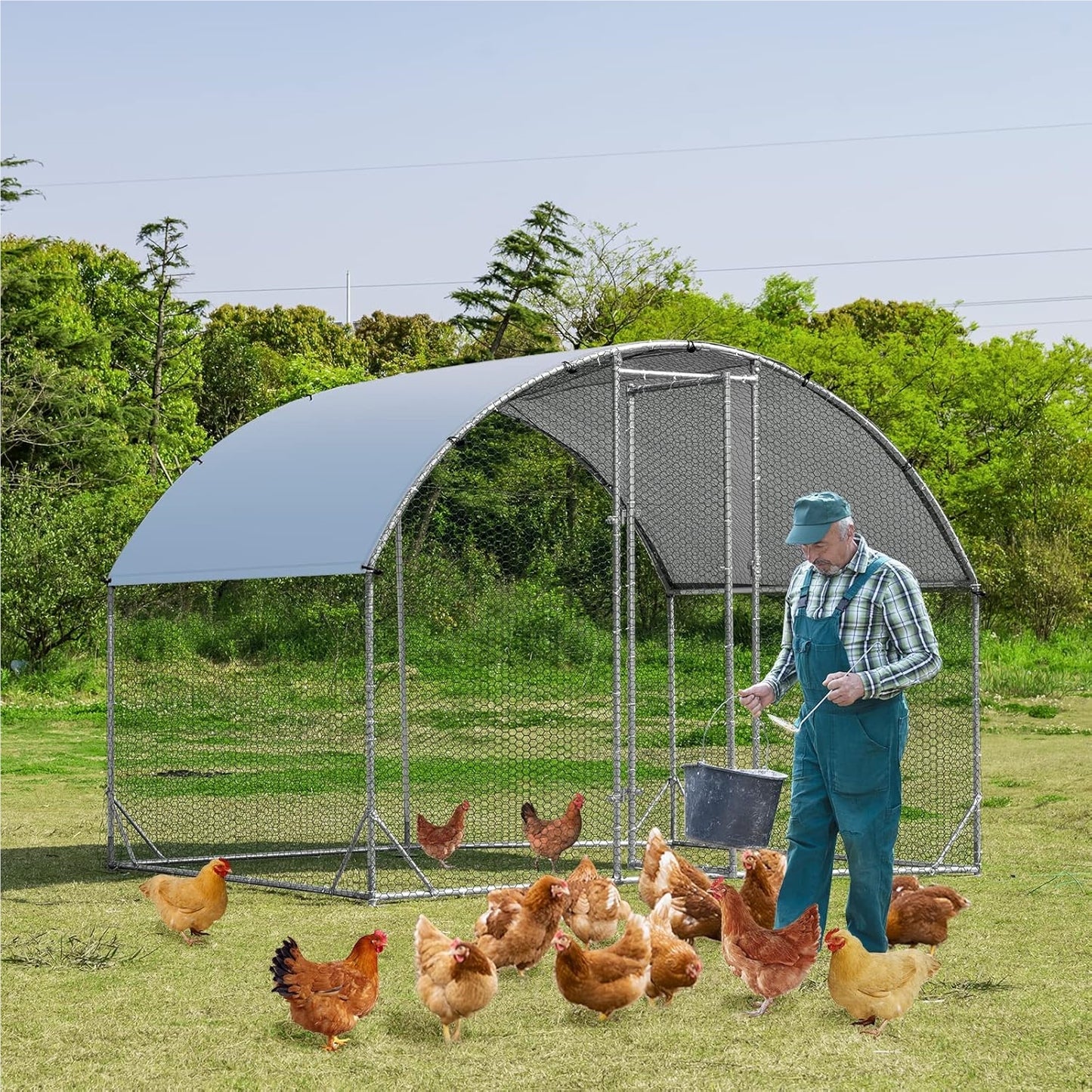 Kippenhok – Kippenren – Kippenkooi – Buitenren – Ren Voor Kleine Dieren – Gegalvaniseerd Metalen Frame – Dome Dak Met Vergrendelbare Deur – 190x280x195 cm