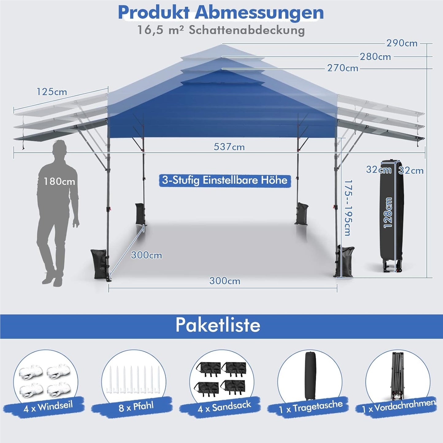 Pop-Up Pavilion – Vouwtent – Partytent – Tuinkamer – Zonnetent – 3 x 3 m – UV Bescherming 50+ – Waterdicht en Windbestendig – Blauw