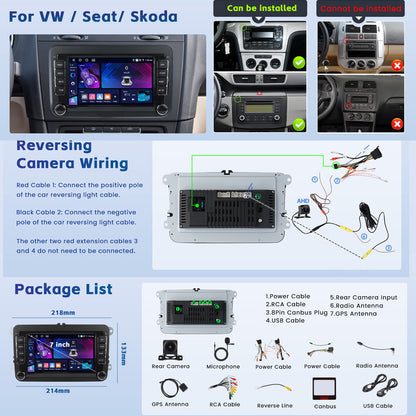 [4+64G] HD Android Carplay Car Radio with Sat Nav for VW for Golf 5 6 for Polo for Skoda for Passat Wireless Android Car Radio with 17.78 cm Display Wireless Car Radio with GPS EQ WiFi FM/ RDS Microphone Reversing Camera, Wit
