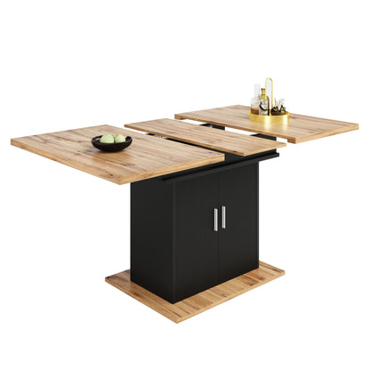 1pc Retractable Extendable Dining Table with 3-Tier Storage - Space-Saving Modern Classic Design, Bamboo & Black Finish, Manual Operation, No Assembly Required, Expandable Kitchen & Living Room Table for Small Spaces, Durable