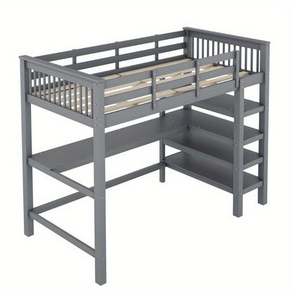 Hoogslaper – Loftbed – Stapelbed – Kinderbed – Eenpersoonsbed – Met Bureau en Opbergrekken – Metalen Stijlvol Frame – Ruimtebesparend Design – Grijs – Stevig en Duurzaam