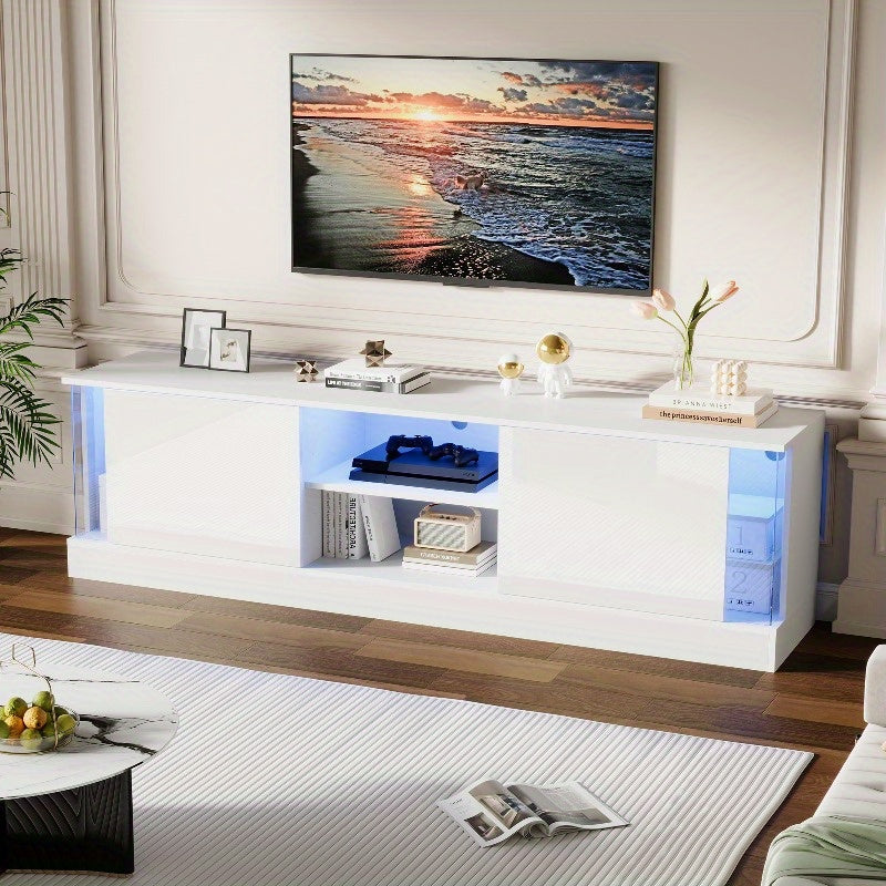 Moderne Witte High-Gloss Tv-Meubel – Rustieke Tv-Stand – Tv-Meubel Met Opbergruimte – Tv-Kast Voor Woonkamer – Tv-Tafel Voor Slaapkamer – Duurzaam Metalen Frame – Kabelmanagement Systeem