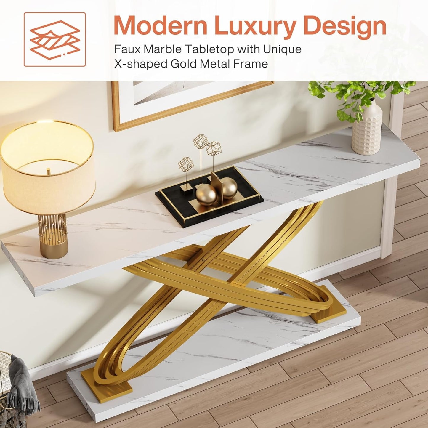 Sidetable – Consoletafel – Wandtafel – Haltafel – Bijzettafel – Smal Design – Houten Blad Met Witte Marmerlook – Goud Metalen Frame – 139,7 cm Lang