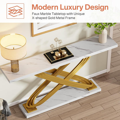 Sidetable – Consoletafel – Haltafel – Banktafel – Bijzettafel – Wit Faux Marmeren Blad – Gouden Metalen Frame – 139,7 cm Breed – Modern Design