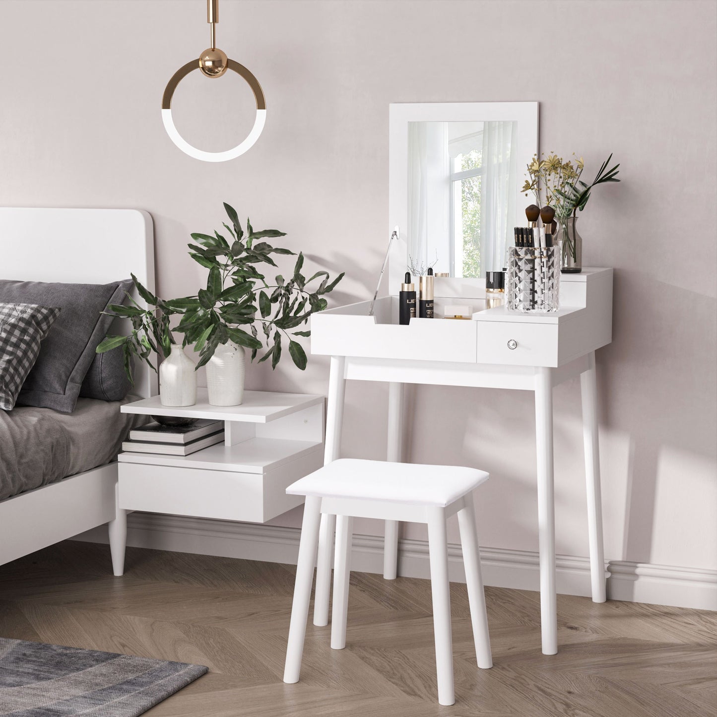 Make-uptafel – Make-uptafel – Kaptafel – Schminktisch – Toillet tafel – Wit MDF – Inklapbare Spiegel – Inclusief Krukje – Opbergruimte