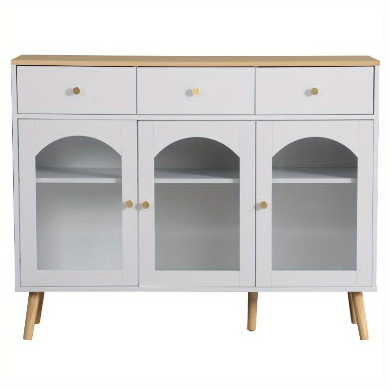 Wit metalen dressoir – buffetkast – opbergkast – keukenkast – vitrinekast – 3 lades & 3 gebogen glazen deuren – stevig metaal met brede opbergruimte