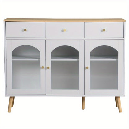 Wit metalen dressoir – buffetkast – opbergkast – keukenkast – vitrinekast – 3 lades & 3 gebogen glazen deuren – stevig metaal met brede opbergruimte