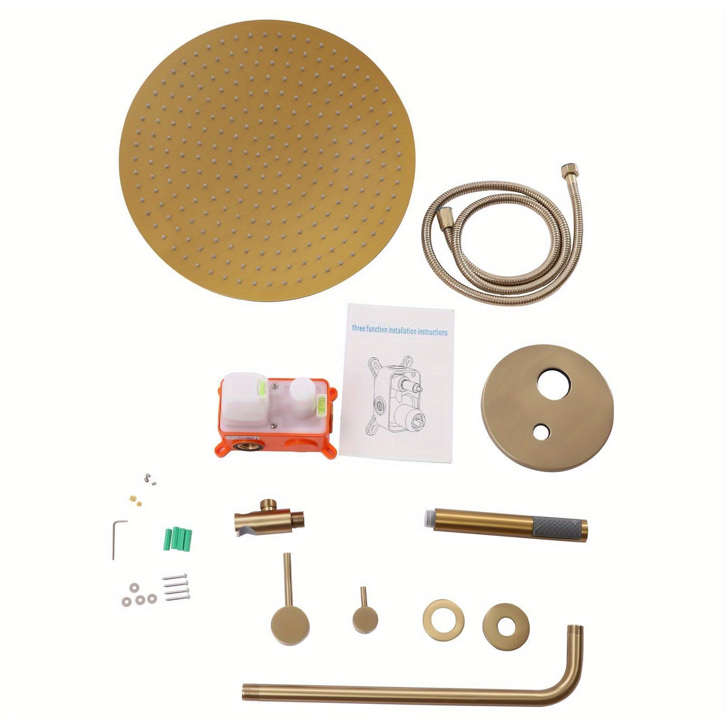 40cm/16in Large Brass Golden Round Wall-Mounted Shower System - Dual Shower Set with Handheld & Rain Shower, Thermostatic Valve, cUPC- Balancing, Quiet Close Valve, Water-Saving Booster Technology (Golden)