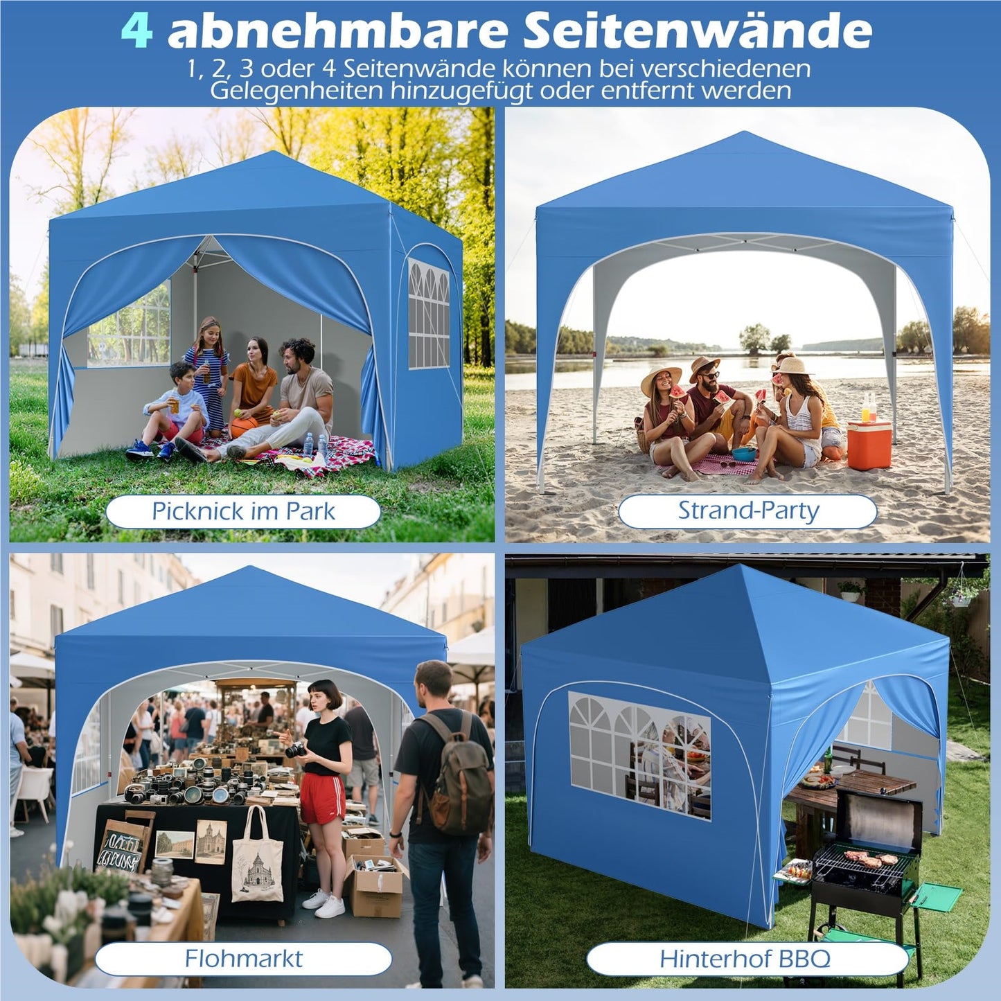 Vouwpaviljoen – Tuinpaviljoen – Partytent – Terrasoverkapping – Zonnescherm – 3x3 m – 4 Afneembare Zijwanden – UV Bescherming 50+ – Inclusief Zandzakken en Draagtas – Blauw