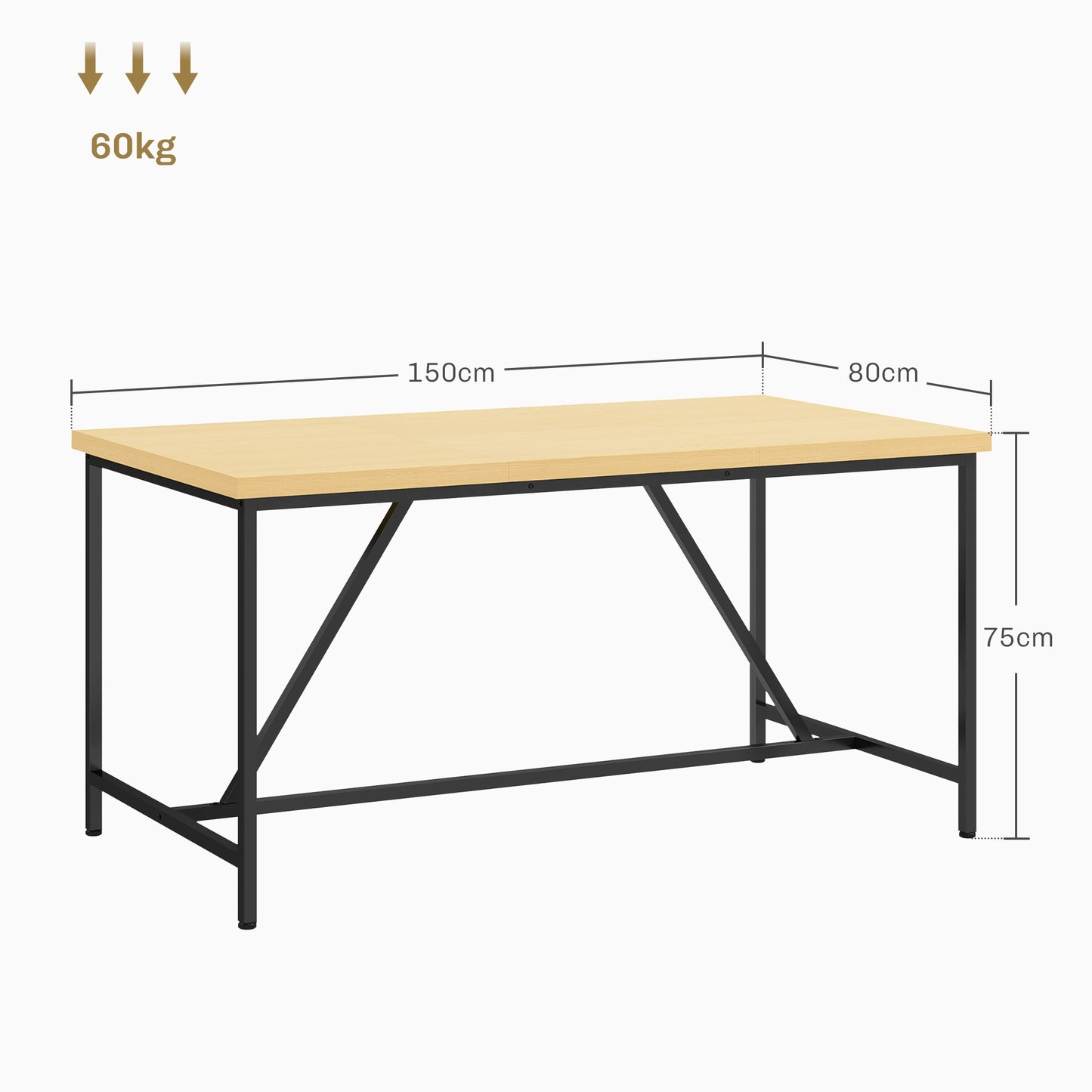 Eettafel – Eetkamertafel – Keukentafel – Tafel – Tafeltje – Modern Design – Houten Look Blad – Zwarte Stalen Poten – 150x80 cm – Verstelbare Pootjes