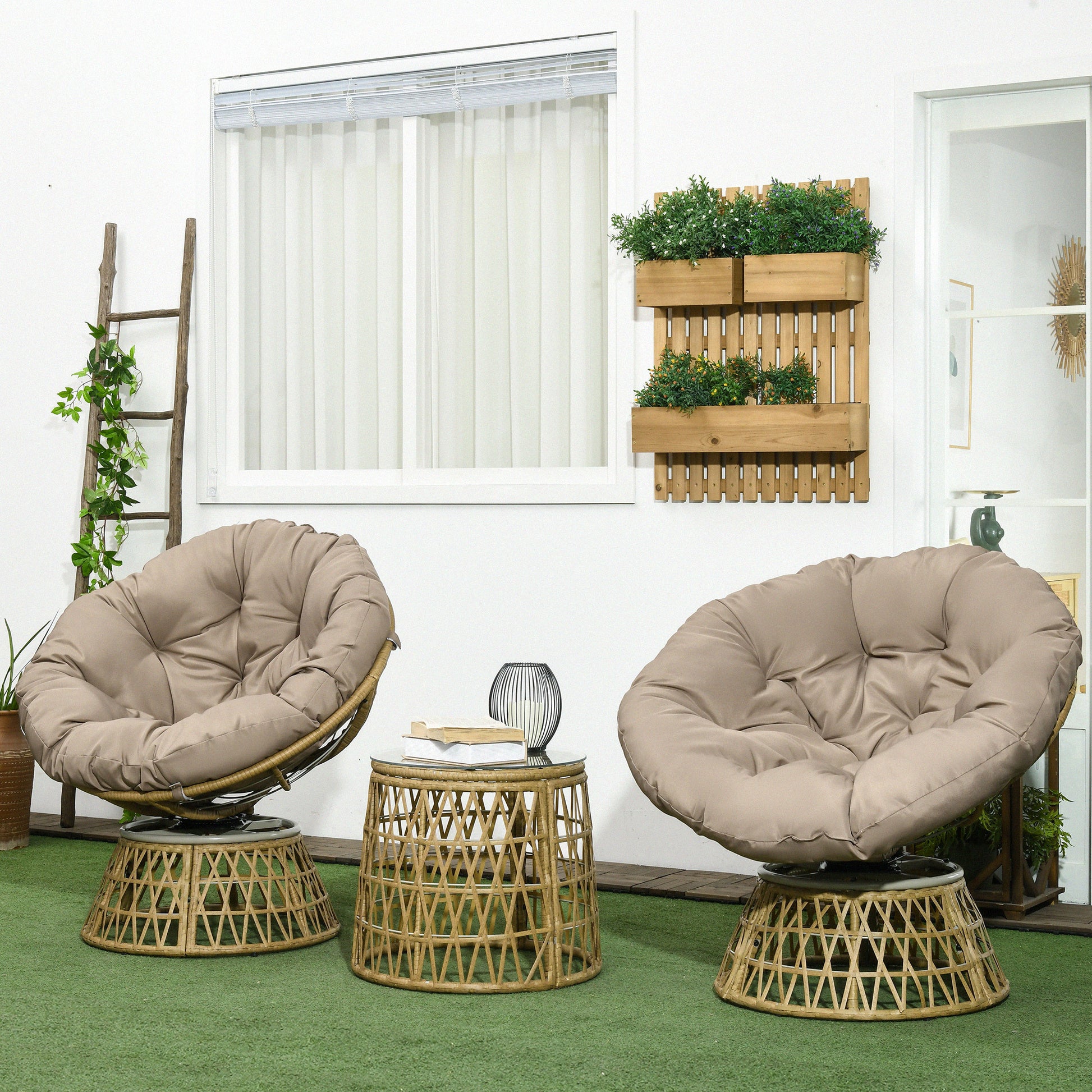 Patio Set – Loungeset – Fauteuilset – Tuinmeubelset – Buitenset – Draaibare Papasan Stoelen – Ronde Tafel – UV-Bestendig – Polyester Rattan – Bruin – 3-Delig – Incl. Kussens - QUORE