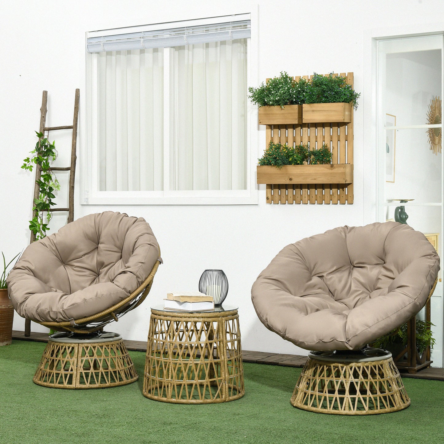 3-Delige Tuin Loungeset – Papasan Stoelen – Draaibare Tuinstoelen – Ronde Tafel – Buitenmeubel Set – Weerbestendig – Met 10 cm Dikke Kussens – Bruin Vlechtwerk