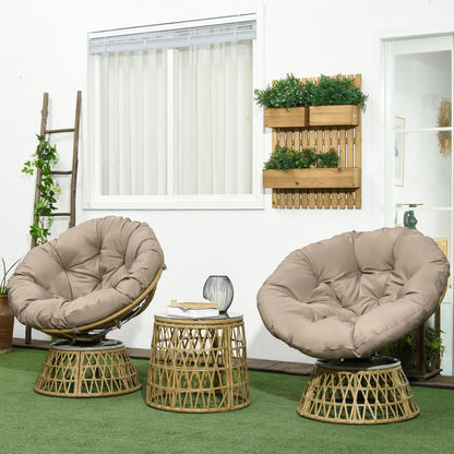 3-Delige Tuin Loungeset – Papasan Stoelen – Draaibare Tuinstoelen – Ronde Tafel – Buitenmeubel Set – Weerbestendig – Met 10 cm Dikke Kussens – Bruin Vlechtwerk