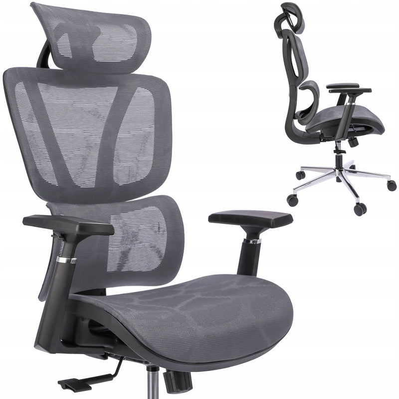 Bureaustoel – Draaistoel – Office Chair – Kantoorstoel – Ergonomische stoel – Verstelbare hoofdsteun & armleuningen – Ademende mesh bekleding – Max. 120 kg draagvermogen – Hoogte verstelbaar 50-58 cm - Grijs