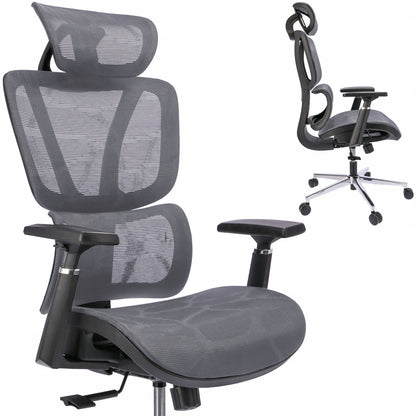 Bureaustoel – Draaistoel – Office Chair – Kantoorstoel – Ergonomische stoel – Verstelbare hoofdsteun & armleuningen – Ademende mesh bekleding – Max. 120 kg draagvermogen – Hoogte verstelbaar 50-58 cm - Grijs