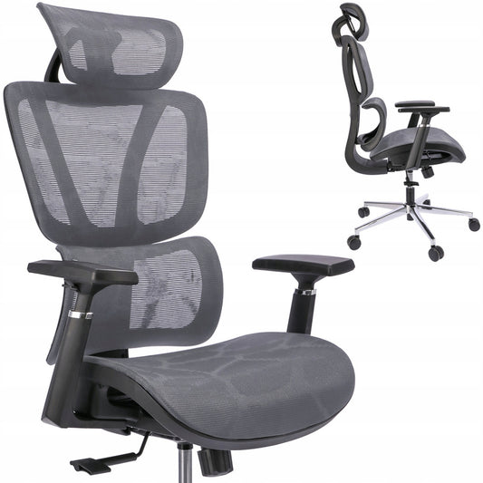 Bureaustoel – Draaistoel – Office Chair – Kantoorstoel – Ergonomische stoel – Verstelbare hoofdsteun & armleuningen – Ademende mesh bekleding – Max. 120 kg draagvermogen – Hoogte verstelbaar 50-58 cm - Grijs