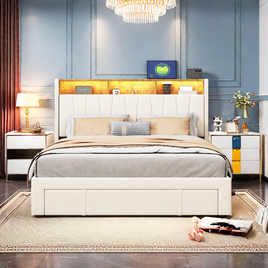 Fluwelen Bed 160x200 – Tweepersoonsbed – Slaapbank – Opbergbed – Led Bed – Met 4 Metalen Lades – Ingebouwde Usb Poorten – Verstelbaar Hoofdeinde