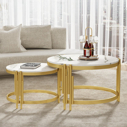 Salontafel – Koffietafel – Bijzettafel – Woonkamertafel – Tafeltje – Ronde Set van 2 – Marmerlook Tafelblad – Goud Metalen Frame