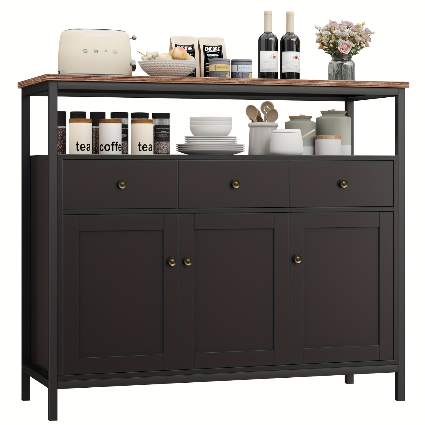 Kast – Opbergkast – Dressoir – Sideboard – Zwarte Vrijstaande Kast – Ruime Opbergruimte Met 3 Deuren & 3 Lades – Duurzaam Spaanplaat Met Metalen Poten