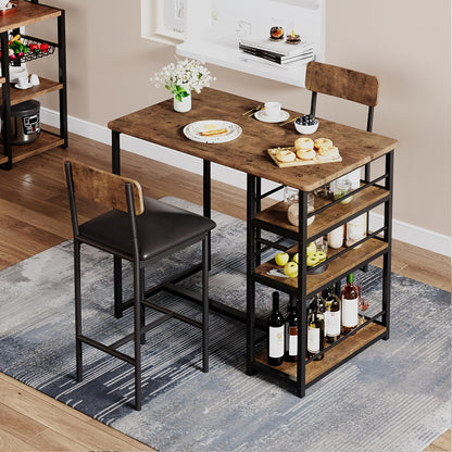 Bartafelset – Barkrukset – Barmeubel – Eetkamertafel – Bistrotstoel – Compact Houten Design – 3 Opbergrekken – PU Gestoffeerde Barkrukken – Bruin Vintage