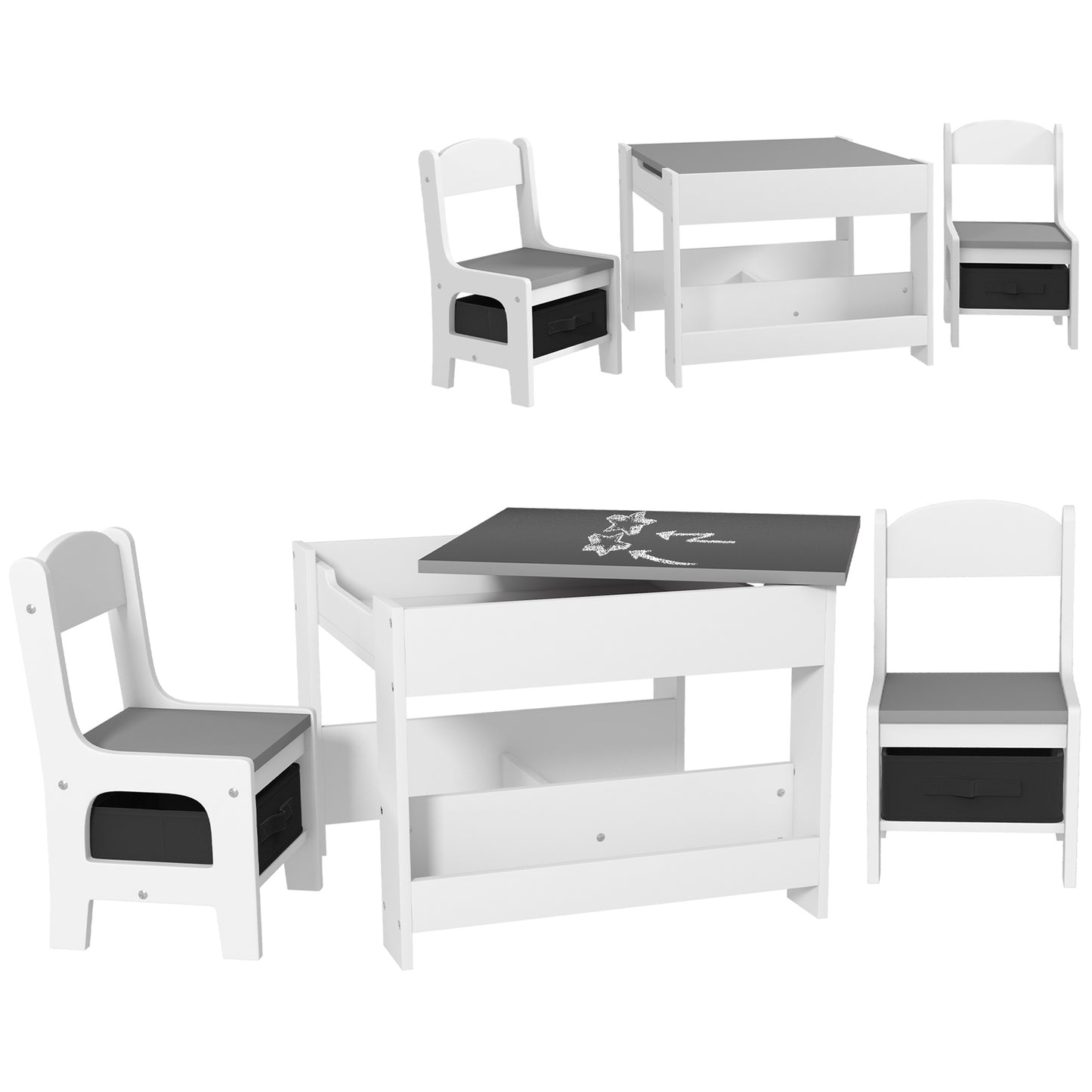 Kinderbureau Set – Kindertafel – Kindertafel Met Stoelen – Speeltafel – Tafel Met Opbergruimte – Omkeerbaar Tafelblad – Eenvoudig Schoon Te Maken – Grijs