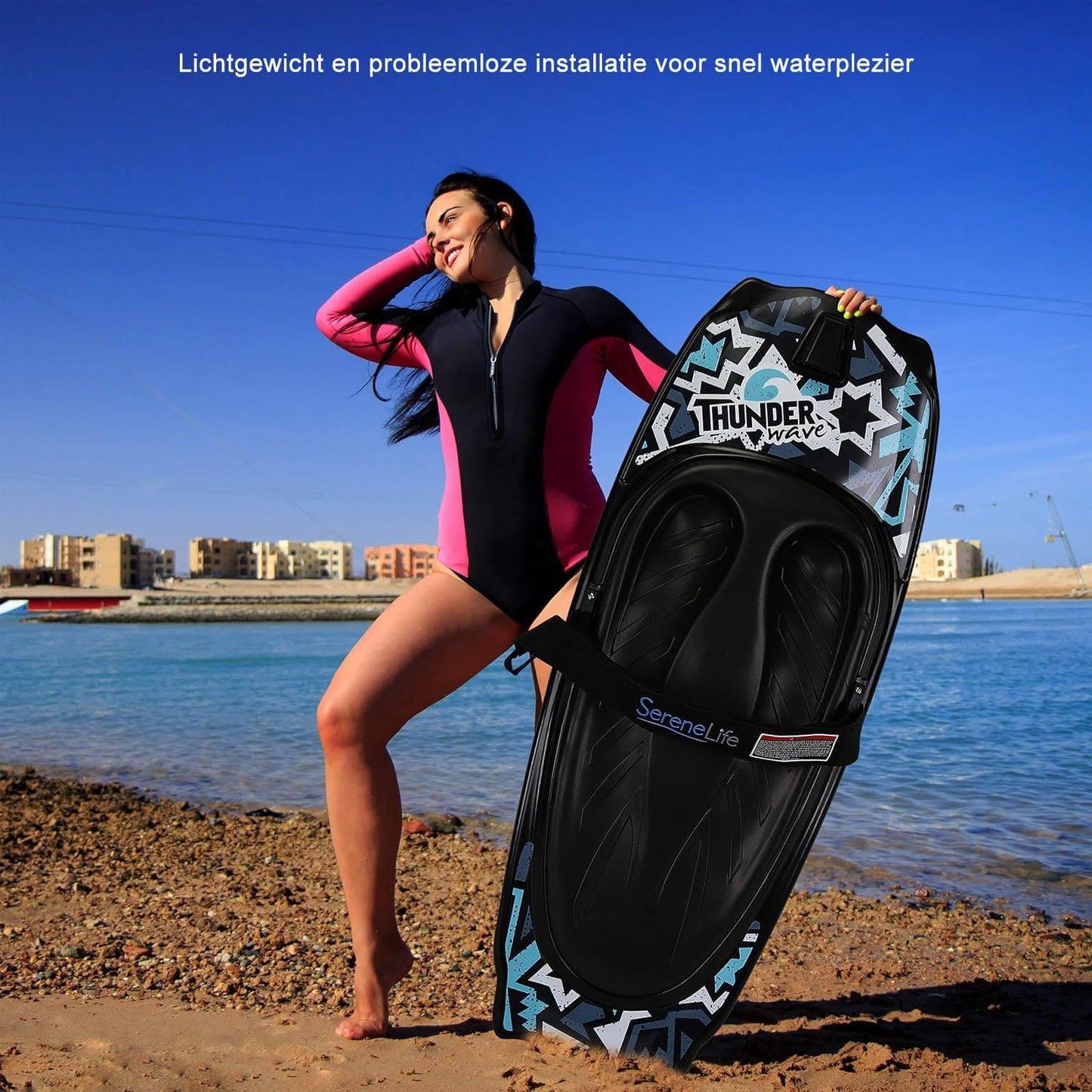 Kneeboard – Watersport Board – Kniesurfboard – Bodyboard – Waterplank – Zwart/Blauw – Ultralicht Gewicht – Inclusief Verstelbare Veiligheidsband