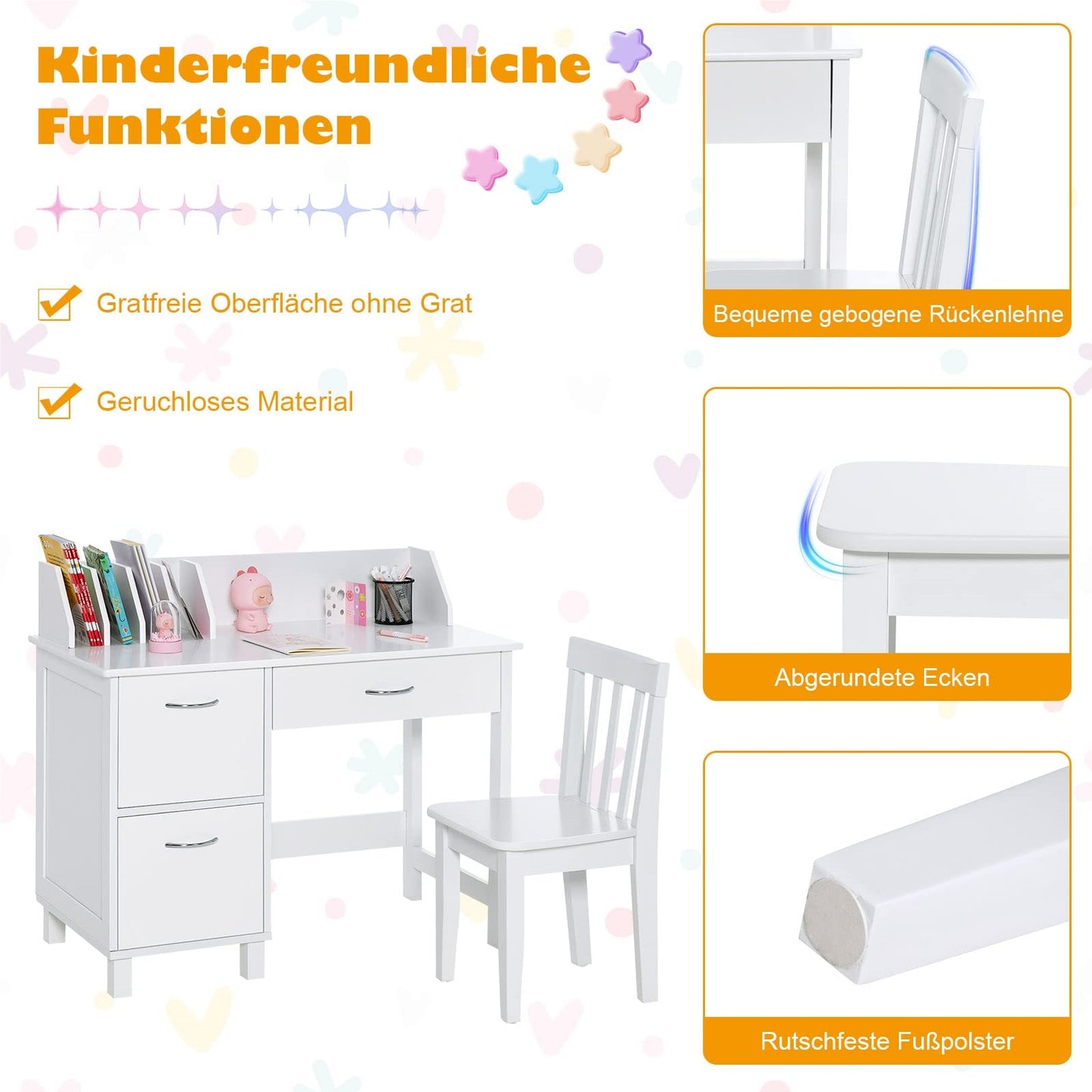 Kinderschrijfstoel – Kinderbureau – Studietafel – Tekenbureau – Kinderwerkplek – Met Opbergruimte & Lade – Ergonomische Rugleuning – MDF Wit