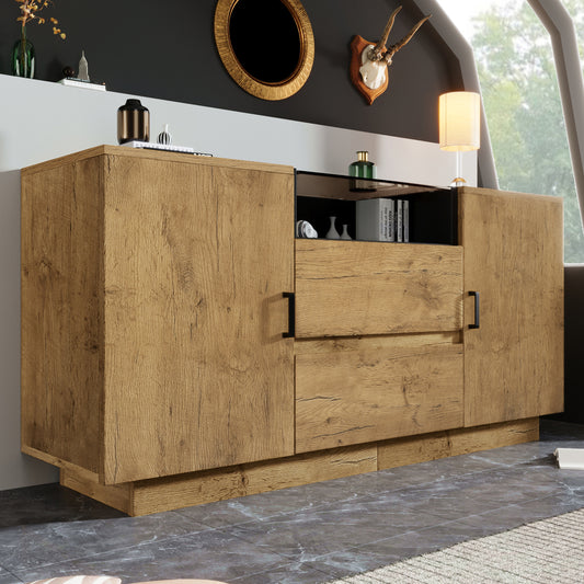 Dressoir – Ladekast – Sideboard – Buffetkast – Opbergkast – Modern Eikenlook – Verstelbare Hoogte – 2 Lades & 2 Deuren – ESG Zwarte Handgrepen – Compact 70x140x40 cm