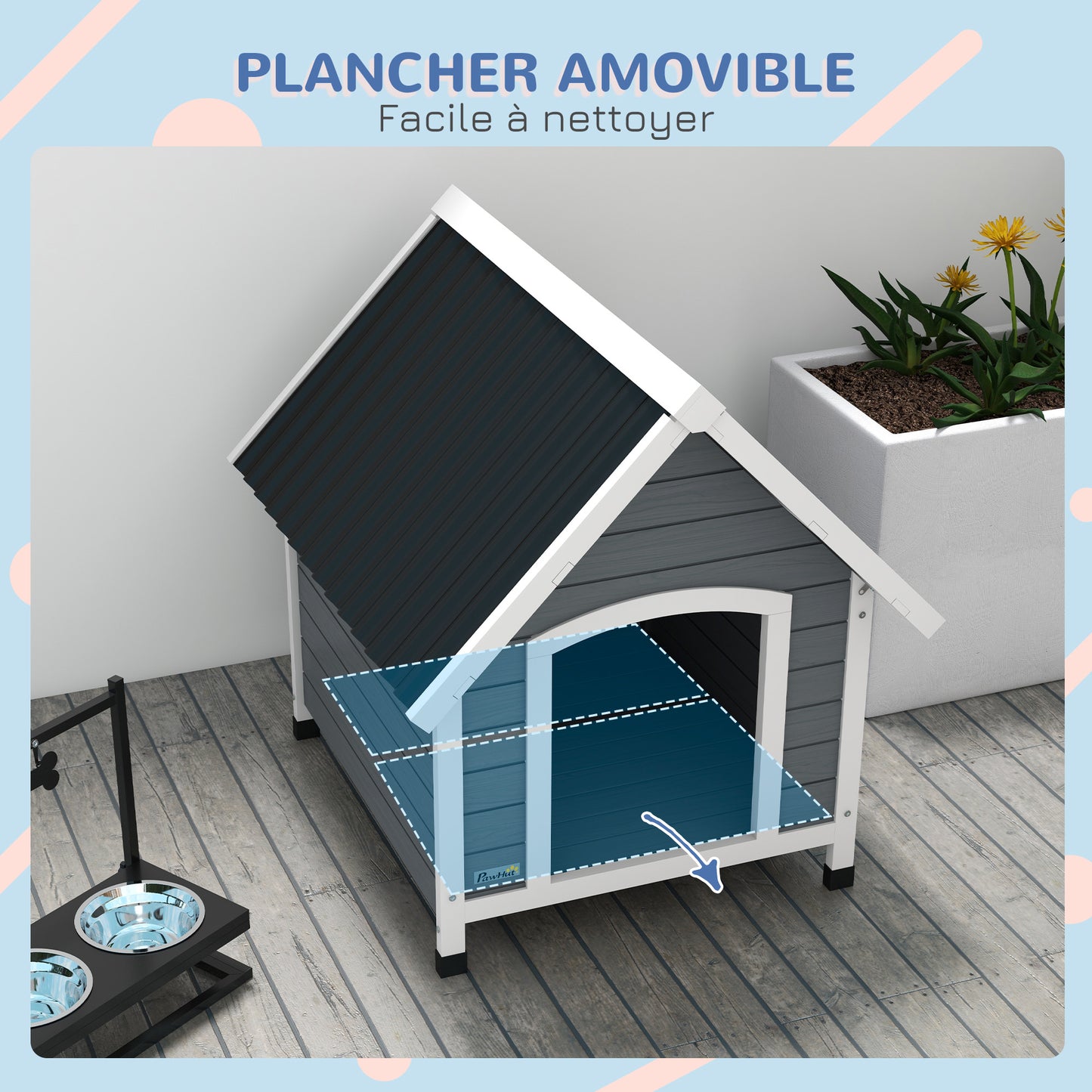 Hondenkennel – Hondenhok – Buitenkennel – Buitenhok – Hondenhuisje – Duurzaam Dennenhout – Waterafstotend Golfdak – Verstelbare Poten – Uitneembare Vloer – Grijs – Medium Honden 75x88x82 cm