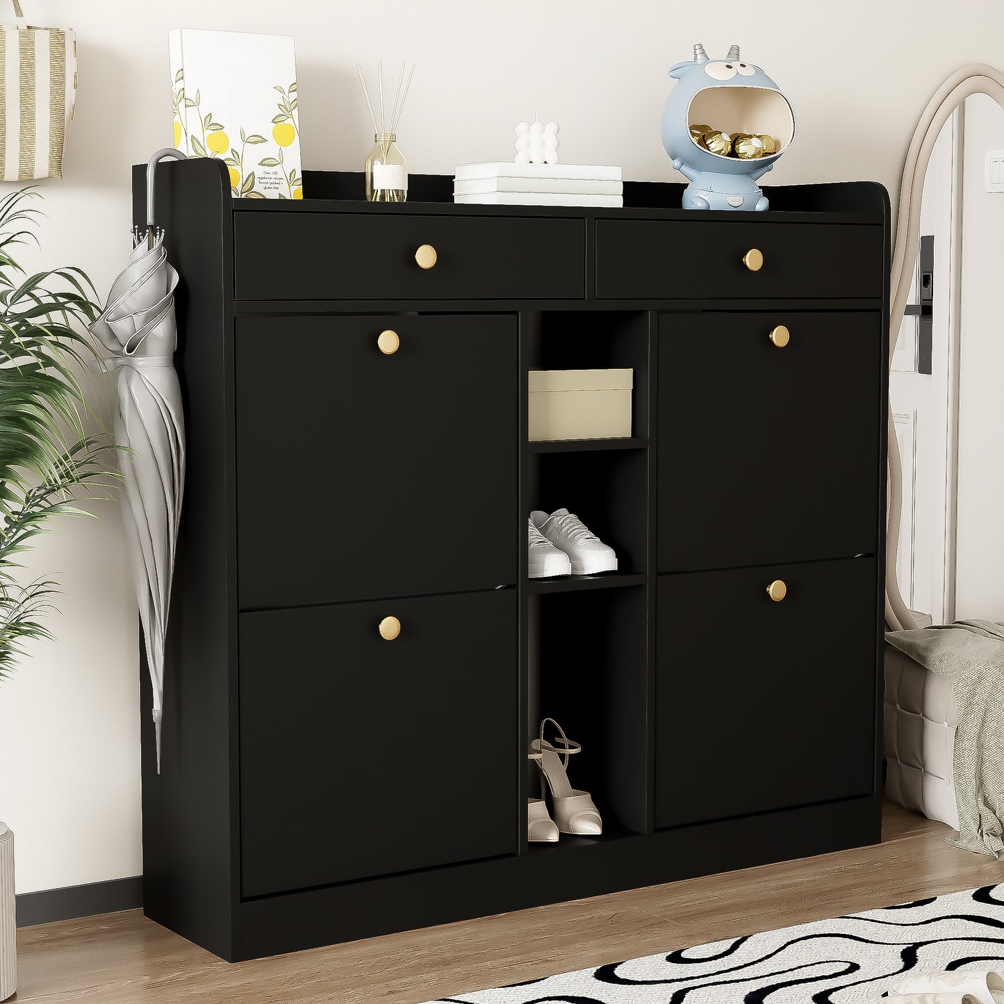 Schoenenkast – Schoenenopberger – Schoenenrek – Schoenenmeubel – Schoenenkast Zwart – Compact Ontwerp 110x26x100 cm – Vier Klepdeuren Met Lades