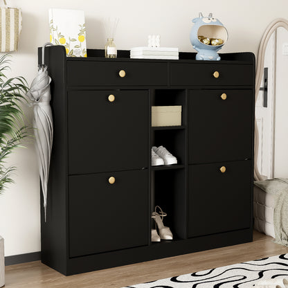 Schoenenkast – Schoenenopberger – Schoenenrek – Schoenenmeubel – Schoenenkast Zwart – Compact Ontwerp 110x26x100 cm – Vier Klepdeuren Met Lades