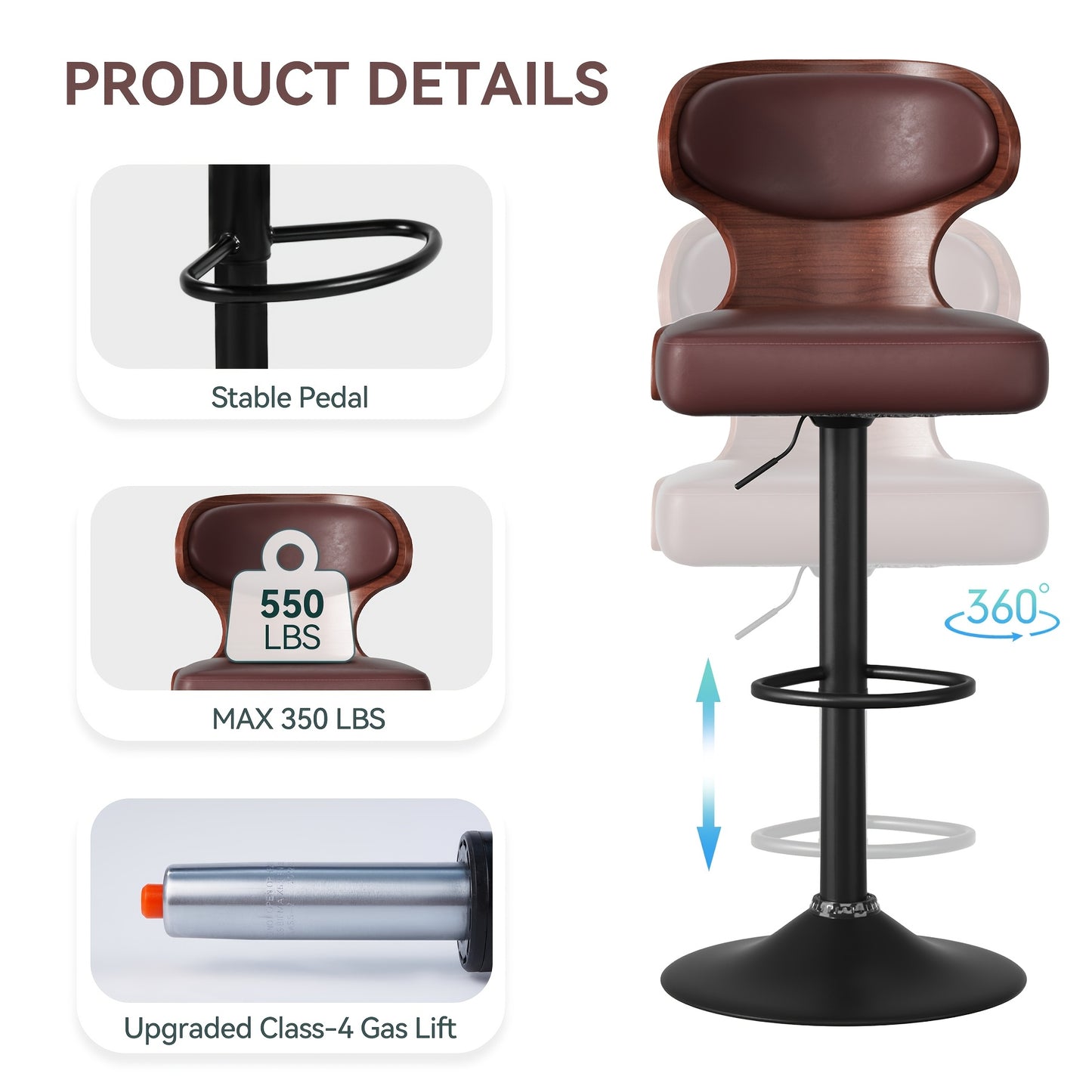 Draaistoel – Barkruk – Kruk – Bureaustoel – Stoel – 360° Draaibaar – Verstelbare Voetensteun – Kunstleer – Ergonomisch Retro Design – Set van 2