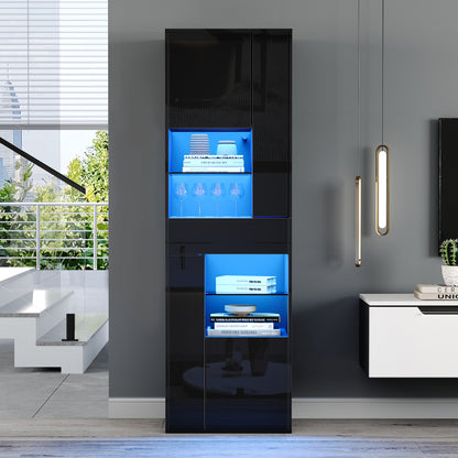 Dressoir – Opbergkast – Ladekast – Buffetkast – Kast – Zwart – Glazen Deuren – 55x38x170 cm – 4 Kasten & 1 Lade – Modern Minimalistisch Design
