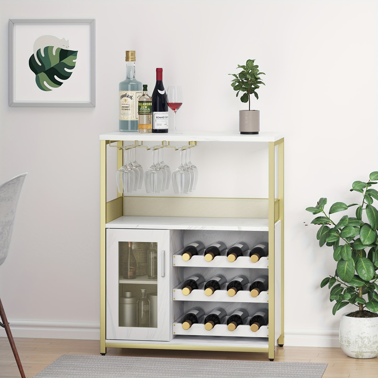 Three-layer bar cabinet with wine rack and a large storage space, buffet cabinet with glass rack and mesh door, suitable for kitchen, living room and bar, 69x35x92cm, Kitchen Storage Solution, Wine Rack Cabinet, Multi-Level S
