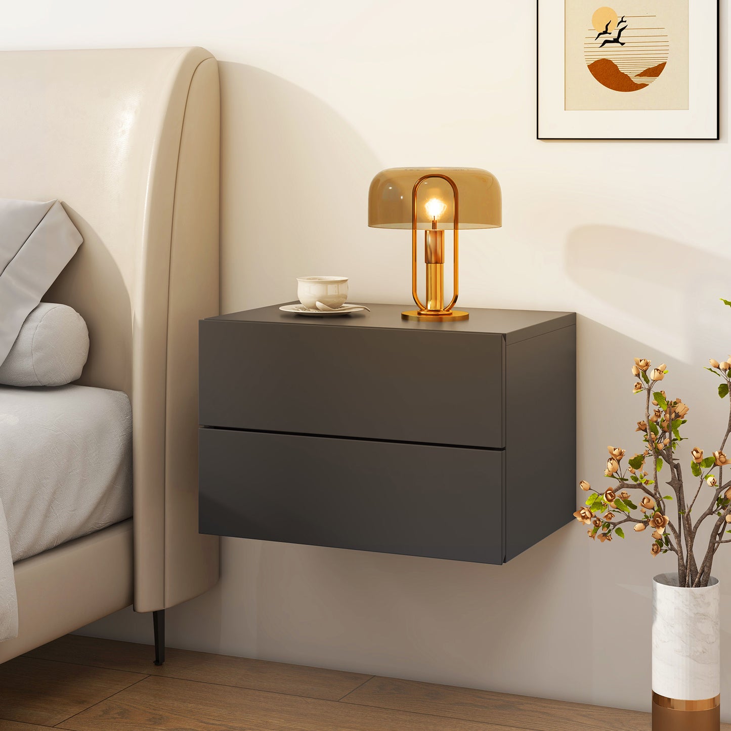 Zwevend Nachtkastje – Wandkastje – Bedside Table – Nachtmeubel – Opbergkastje – Set Van 2 – Met 2 Lades – Muurbevestiging Voor Stevige Muren – Strak Grijs Design