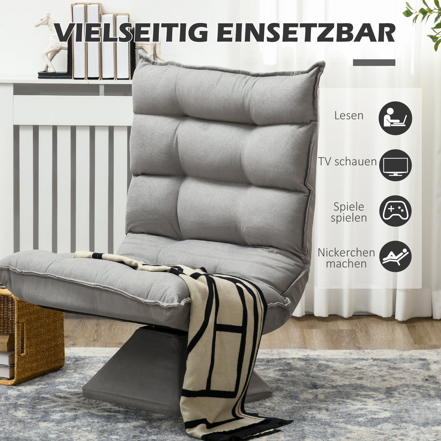 Vloerstolstoel – Grondstoel – Loungestoel – Relaxstoel – Gamingstoel – Lichtgrijs – Verstelbare Rugleuning Tot 120° – 360° Draaibaar Met Stalen Frame