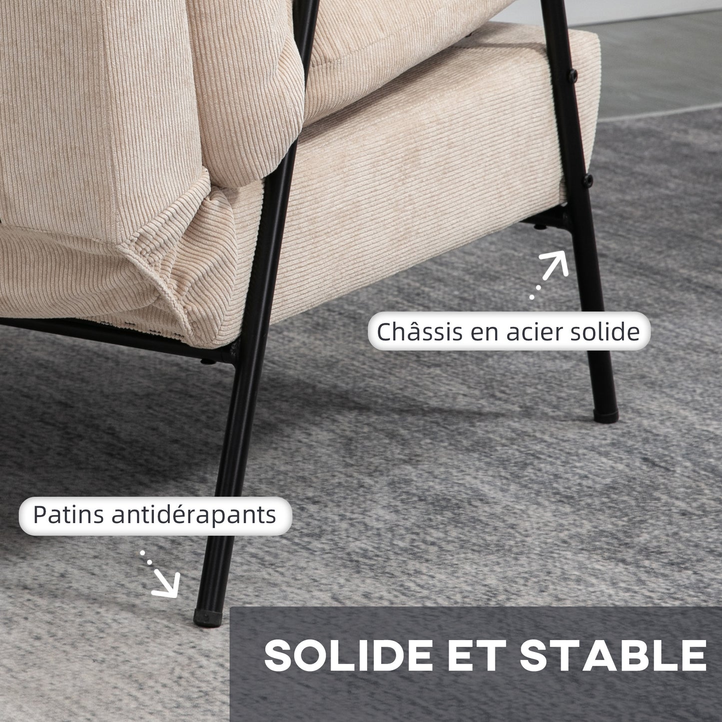 Relaxfauteuil – Lounge Fauteuil – Relaxstoel – Leunstoel – Beige Velours – Verstelbare Rugleuning Tot 155° – Zwarte Stalen Onderstel Met Hevea Houten Armleuningen