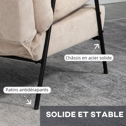 Relaxfauteuil – Lounge Fauteuil – Relaxstoel – Leunstoel – Beige Velours – Verstelbare Rugleuning Tot 155° – Zwarte Stalen Onderstel Met Hevea Houten Armleuningen