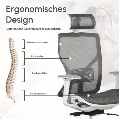 Ergonomische Bureaustoel – Kantoostoel – Werkstoel – Gamestoel – Computestoel – Verstelbare Lendesteun en Hoofdsteun – Ademend Mesh Met Metaal Frame