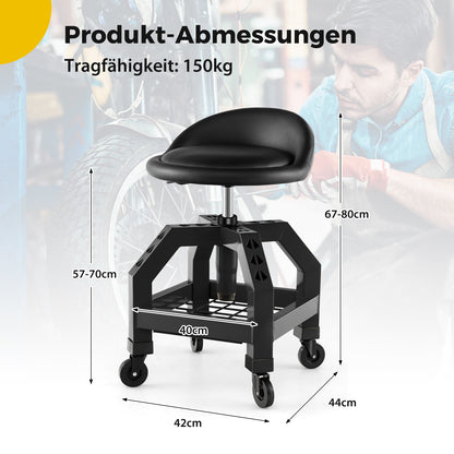 Werkkruk – Mechaniekkruk – Montagestoel – Swivel Kruk – Mobiele Kruk – Verstelbare Hoogte 57-70 cm – Met Wieltjes en Stevig Metalen Frame