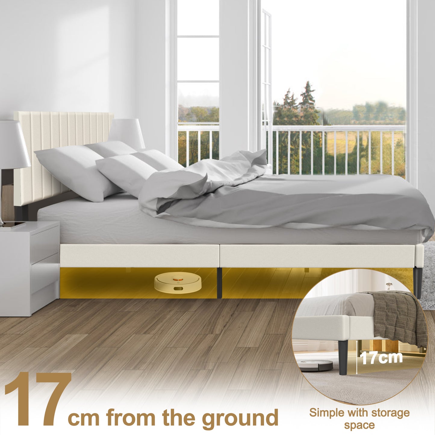 Bed Frame Guest Bed Metal Bed with Flannel Headboard & 12 Slatted Frame & Sponge Edging Modern Bed Frame Maximum Load Capacity 300 KG, for Bedroom Guest Room