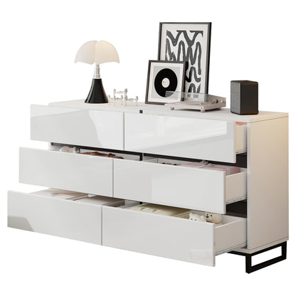 Kast – Opbergkast – Dressoir – Ladekast – Sideboard – Hoogglans Wit – 6 Lades – Metalen Poten – Ruime Opbergruimte – Stevige Constructie