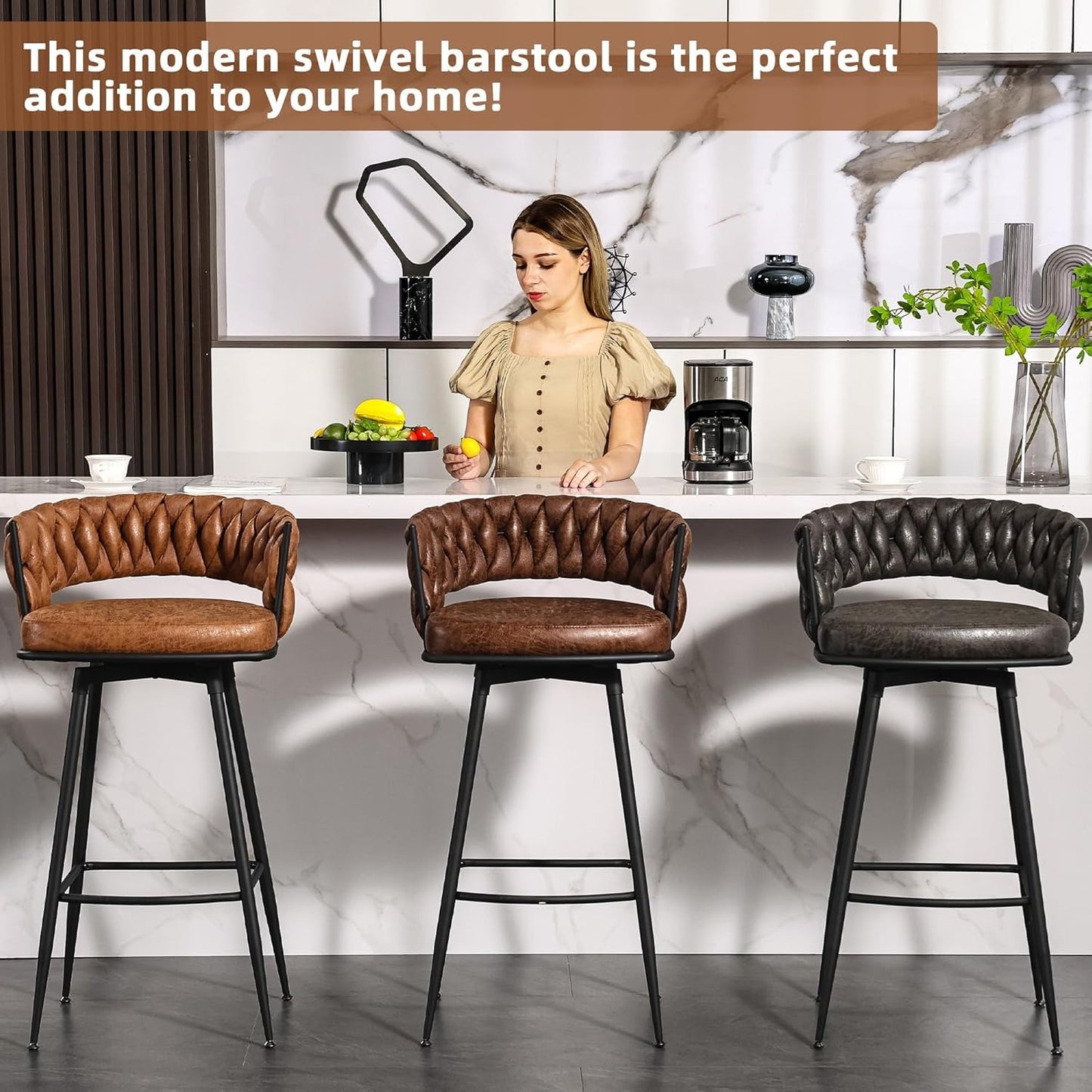 Barstoel – Barkruk – Bezoekersstoel – Stoel – Barkrukken – Hoogte 79 cm – Met Gevlochten Rugleuning – Met Metalen Frame