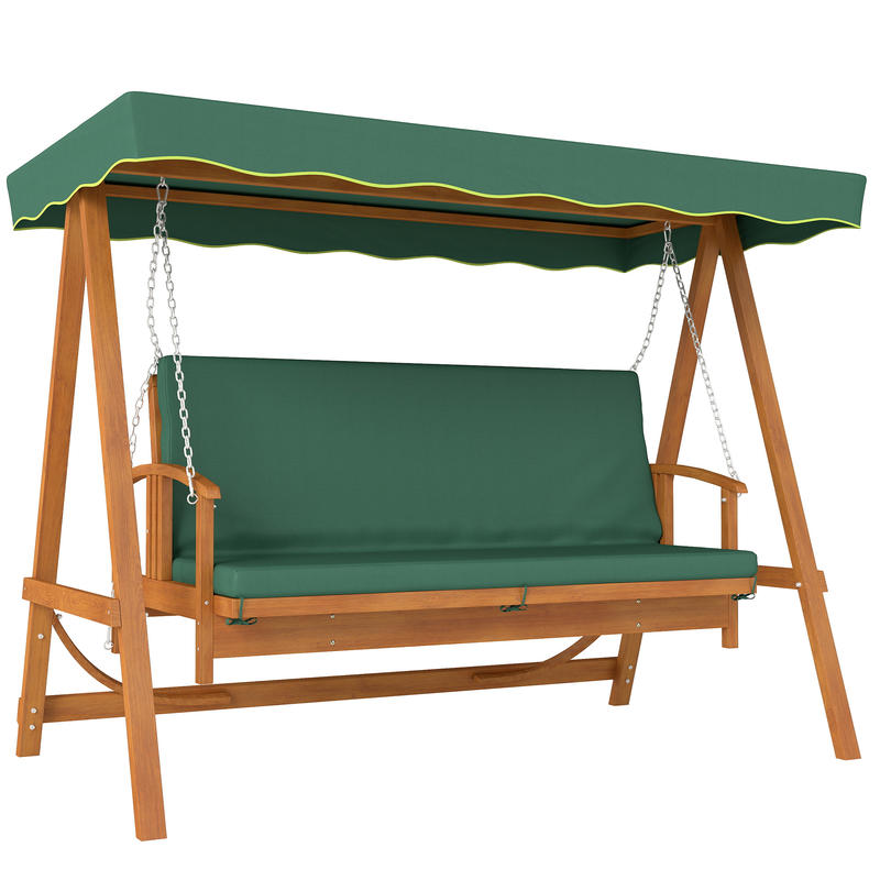 Hollywood swing with sunroof, real wood garden swing, swing bench with reclining function, for 3 people, dark green,  Stylish Seating, Classic Design, Weatherresistant Material, Durable Metal Frame, Threeseater Swing, Sun Can