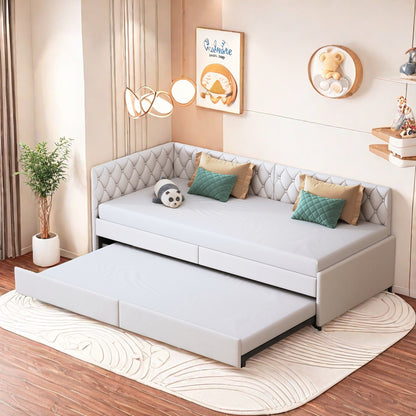 Slaapbank – 2-Zits Bedbank – Uitklapbare Bank – Gigogne Bed – Banquette Bed – Beige Velvet – 90x200 cm – Stevig Houten Frame