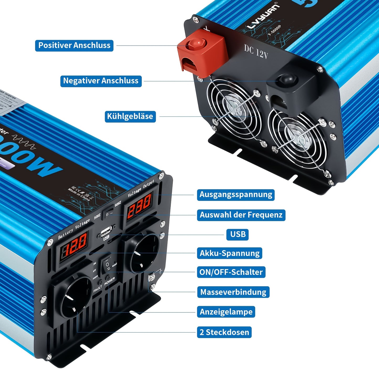 Zuivere Sinusgolf Omvormer – Stroomomzetter – Converter – Inverter – Spanningsomzetter – 12V 5000W – 10000W Piekvermogen – Afstandsbediening & LED-Display