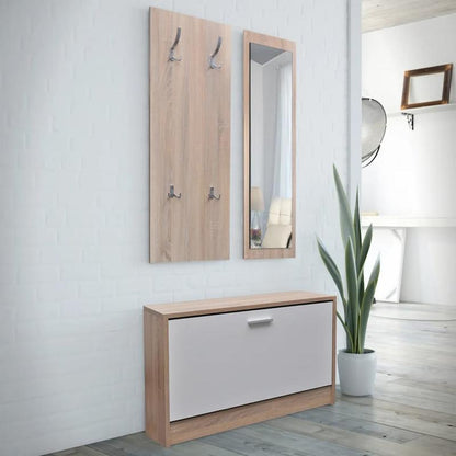 Schoenenkast – Schoenenrek – Schoenenopberger – Schoenenkast smal – Schoenenbankje – 3-in-1 Met Spiegel en Opbergruimte – Duurzaam Hardhout Wit/Natuurkleur – Ruimtebesparend Smal Ontwerp