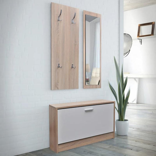 Schoenenkast – Schoenenrek – Schoenenopberger – Schoenenkast smal – Schoenenbankje – 3-in-1 Met Spiegel en Opbergruimte – Duurzaam Hardhout Wit/Natuurkleur – Ruimtebesparend Smal Ontwerp