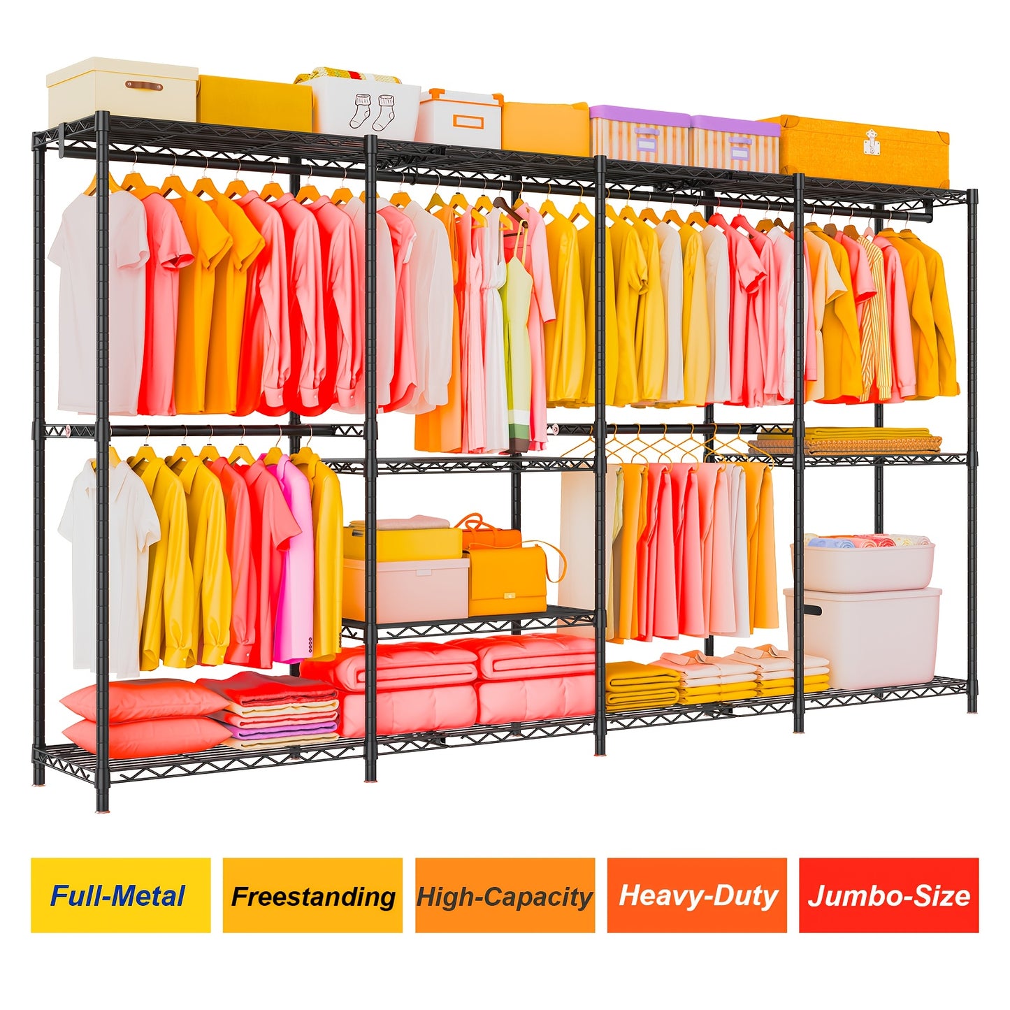 Kledingrek – Garderoberek – Kledingstang – Klerenhanger – Kapstok – Extra Groot – Carbon Staal – 11 Planken – 4 Kolommen – 4 Lagen – Hoog Draagvermogen 499 KG