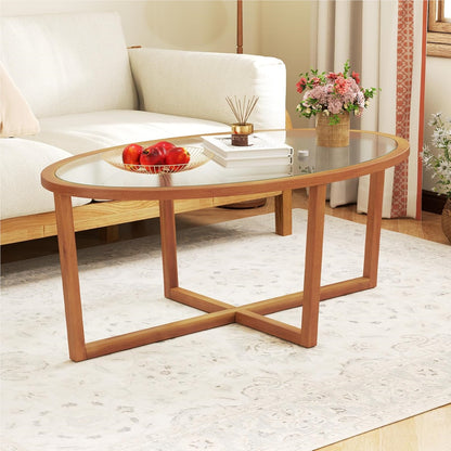 Salontafel – Woonkamertafel – Theetafel – Bijzettafel – Glazen tafel – Ovaal – Gehard glas – Massief acaciahouten poten – 118 x 71,5 x 47,5 cm